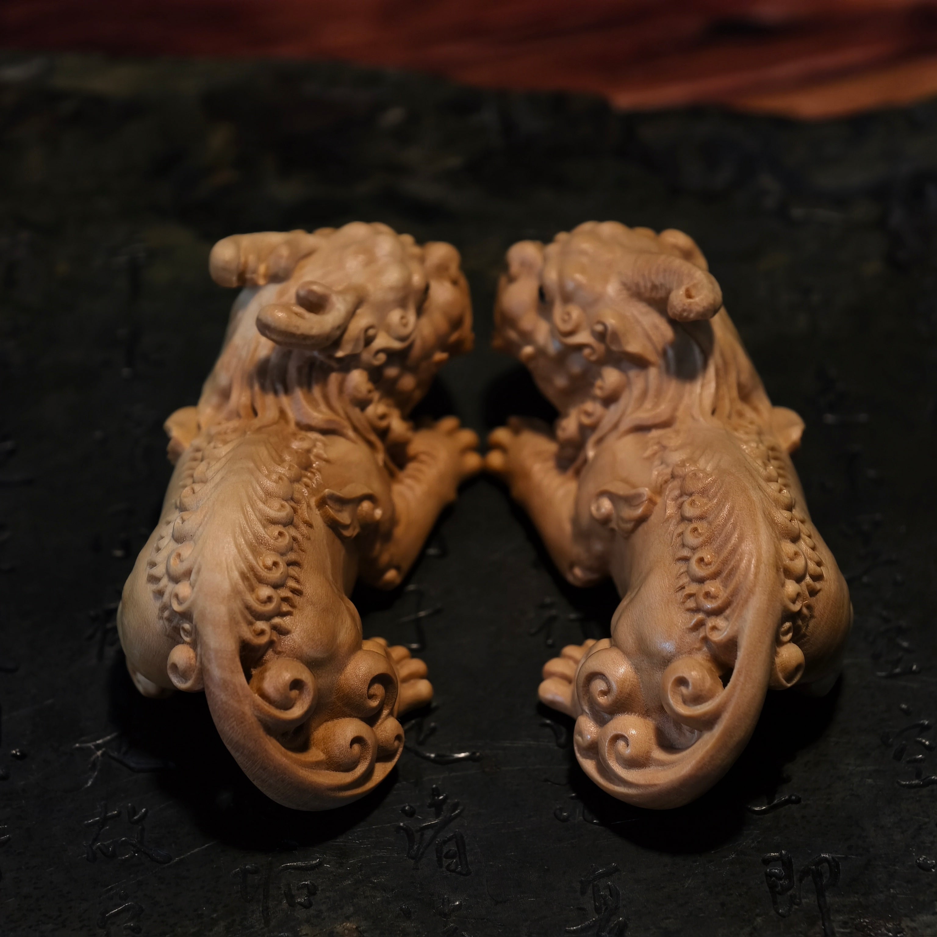 Boxwood Pixiu Pair – Hand-Carved Male & Female Wealth Guardians