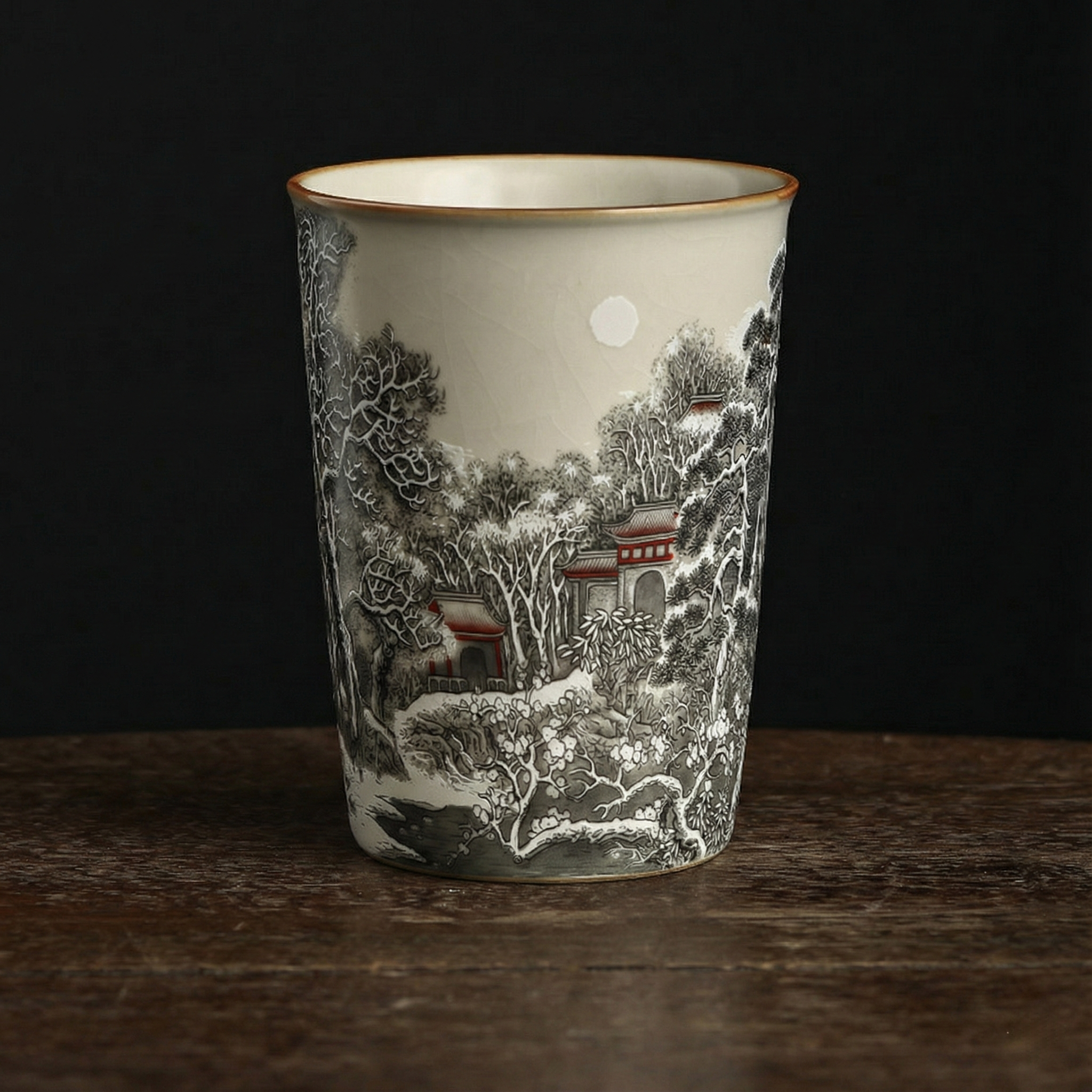 Winter Solitude Ru Ware Relief Cup – Mountain & River Landscape