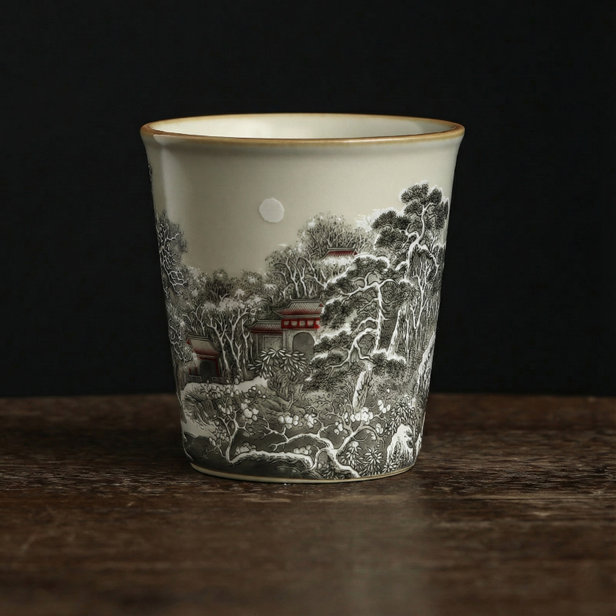 Winter Solitude Ru Ware Relief Cup – Mountain & River Landscape