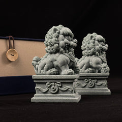 The Silent Guardians – Natural Qing Sandstone Foo Dog Statues, Set of 2 - ShaolinMart