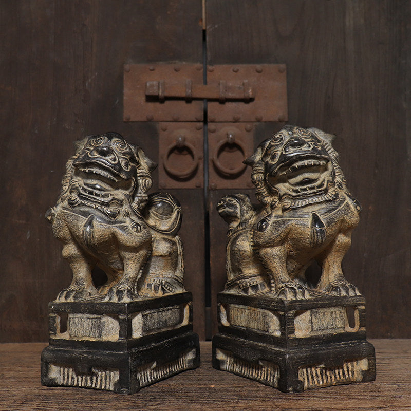Hand-Carved Bluestone Guardian Lion Pair – Feng Shui Protection Statues