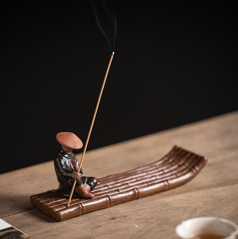 Samurai Wanderer Ceramic Bamboo Raft Incense Holder & Tabletop Decor