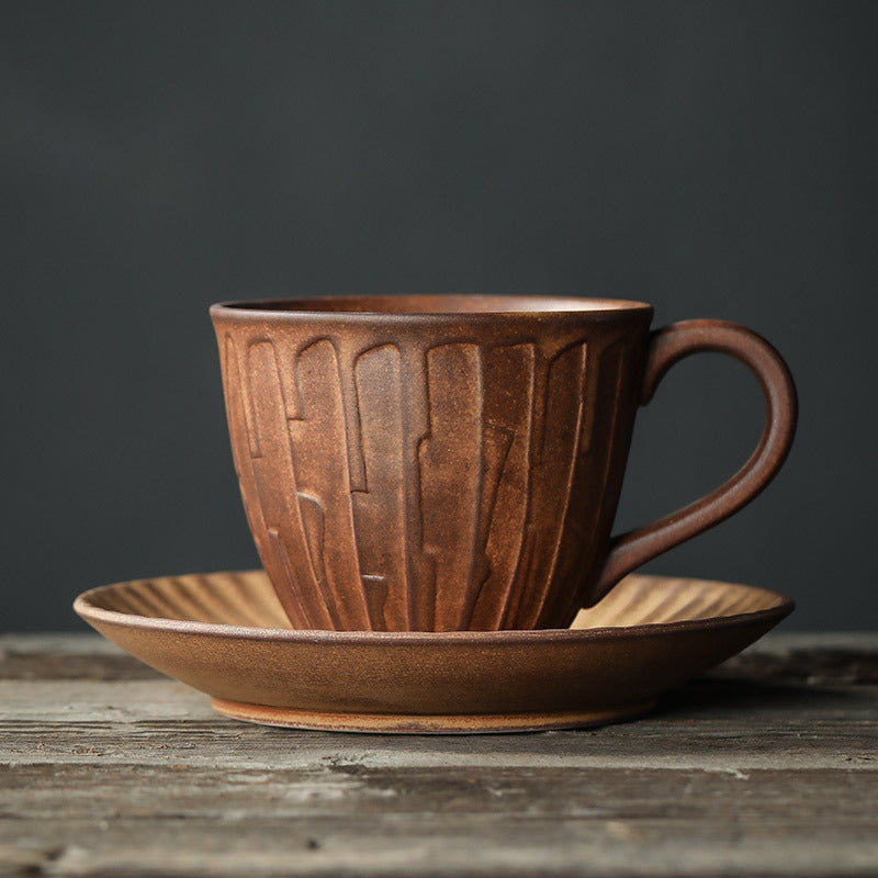 Rustic Earthenware Cup & Saucer Set – Vintage Ceramic Mug with Handcrafted Texture, 8.1 oz