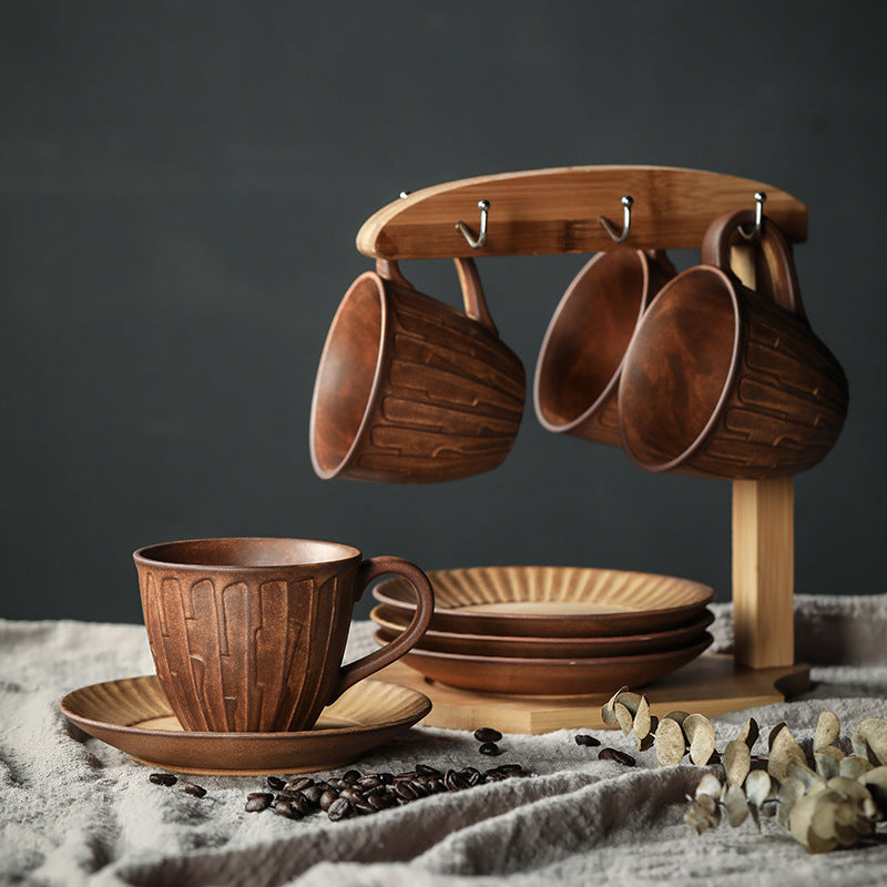 Rustic Earthenware Cup & Saucer Set – Vintage Ceramic Mug with Handcrafted Texture, 8.1 oz