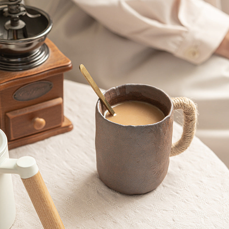 Shaolin "Raw Earth" Artisan Mug: Hand-Pinched Stoneware with Rustic Rope Handle