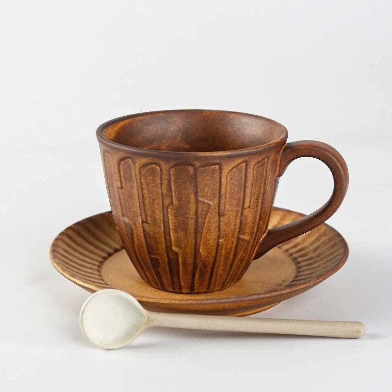 Rustic Earthenware Cup & Saucer Set – Vintage Ceramic Mug with Handcrafted Texture, 8.1 oz