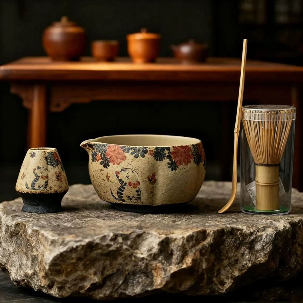 Antique Ceramic Matcha Set with 100-Prong Whisk – 4-Piece Cat & Panda Tea Ritual Kit