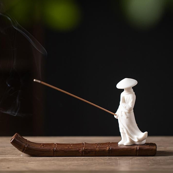 Samurai Wanderer Ceramic Bamboo Raft Incense Holder & Tabletop Decor