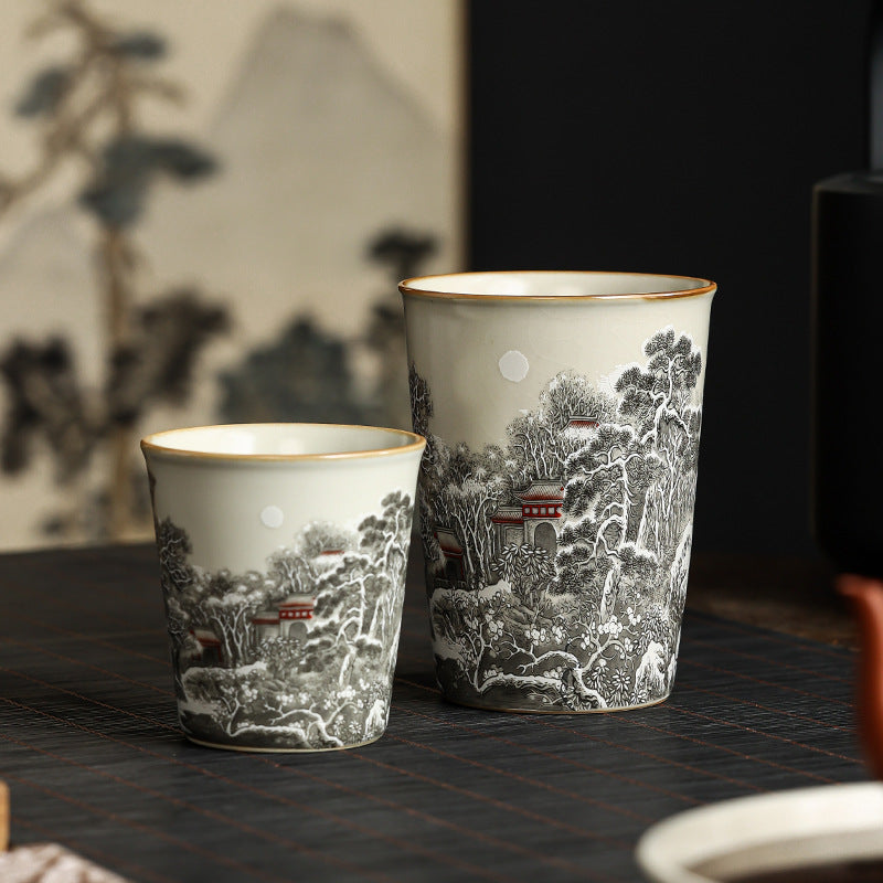 Winter Solitude Ru Ware Relief Cup – Mountain & River Landscape