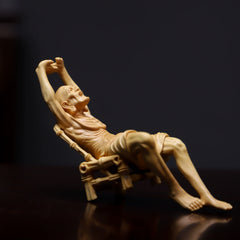 Hand-Carved Reclining Monk Sculpture – Natural Boxwood Wood Statue for Home Decor