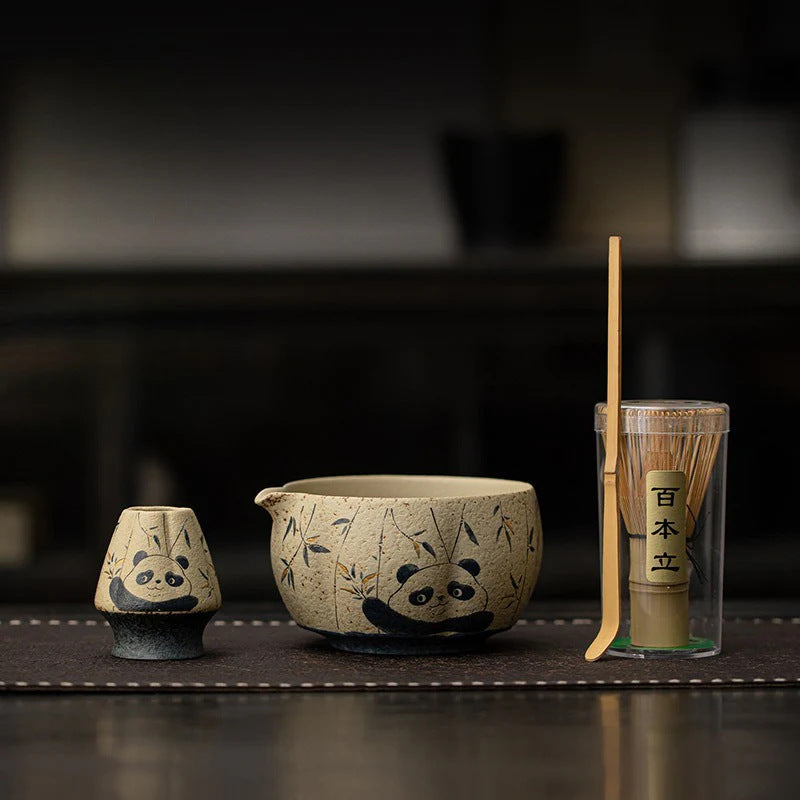 Antique Ceramic Matcha Set with 100-Prong Whisk – 4-Piece Cat & Panda Tea Ritual Kit