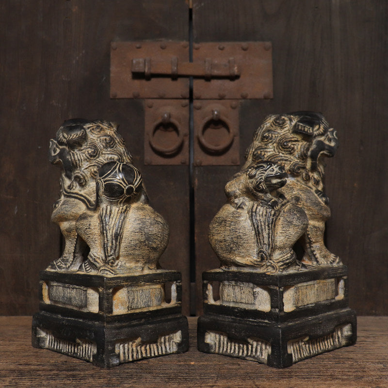 Hand-Carved Bluestone Guardian Lion Pair – Feng Shui Protection Statues