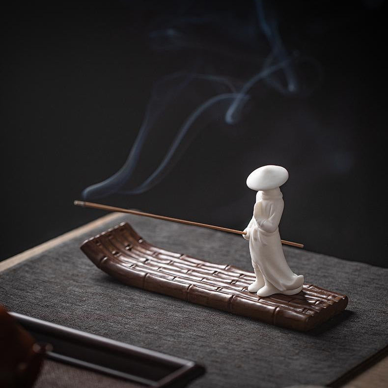 Samurai Wanderer Ceramic Bamboo Raft Incense Holder & Tabletop Decor