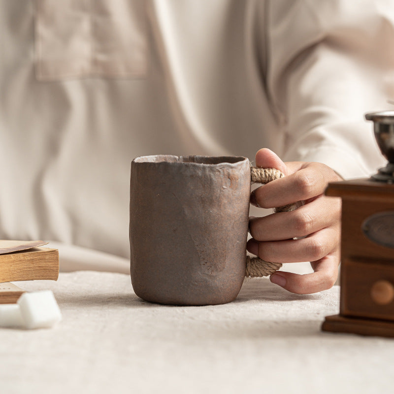 Shaolin "Raw Earth" Artisan Mug: Hand-Pinched Stoneware with Rustic Rope Handle