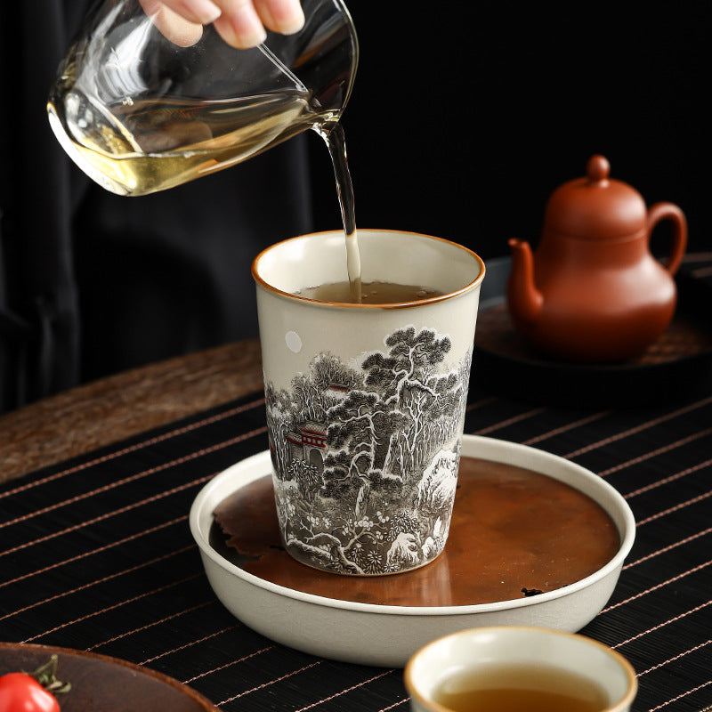 Winter Solitude Ru Ware Relief Cup – Mountain & River Landscape