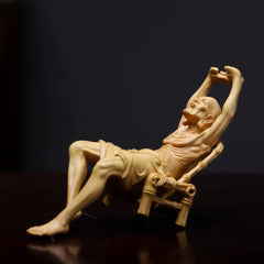 Hand-Carved Reclining Monk Sculpture – Natural Boxwood Wood Statue for Home Decor