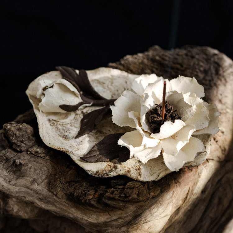 Ceramic Peony Incense Holder — Handmade Floral Sculpture for Desk & Home Decor