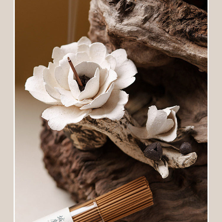 Ceramic Peony Incense Holder — Handmade Floral Sculpture for Desk & Home Decor