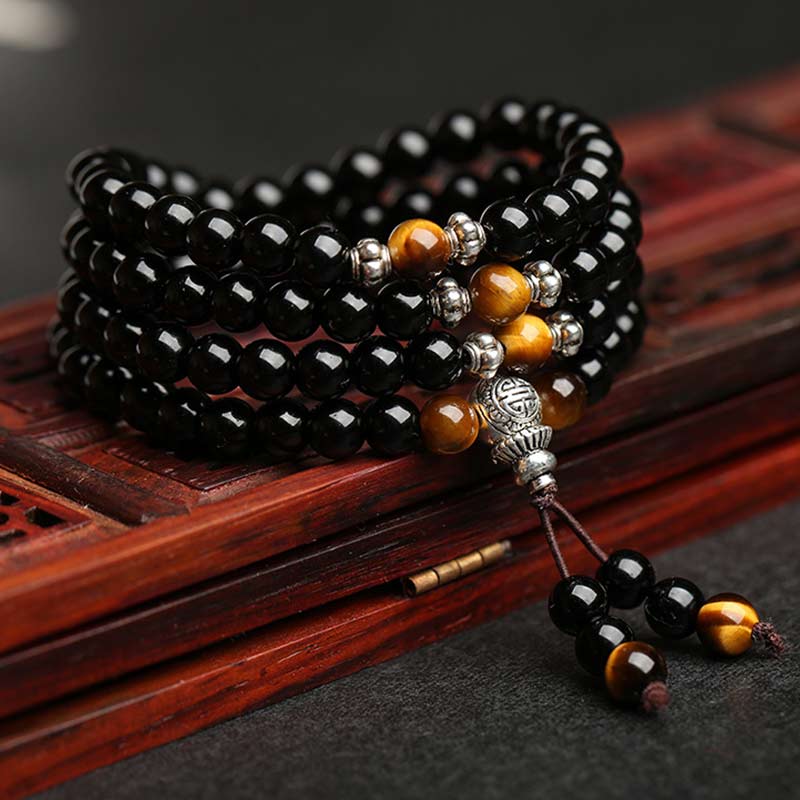 ShaoLin Black Obsidian Tiger Eye Blessing Mala Bracelet | 108 Bead Meditation Mala