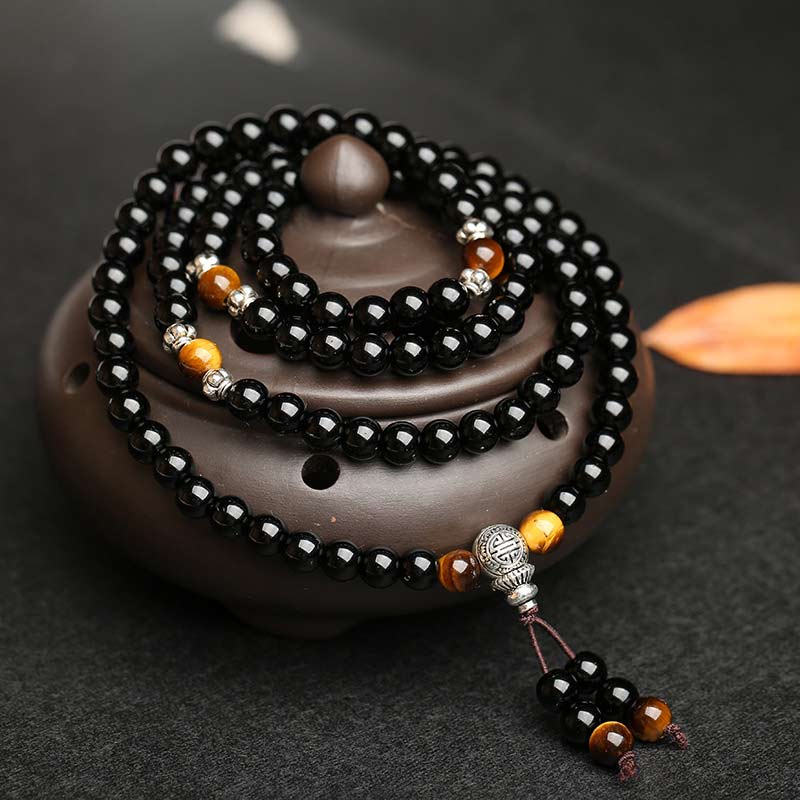 ShaoLin Black Obsidian Tiger Eye Blessing Mala Bracelet | 108 Bead Meditation Mala