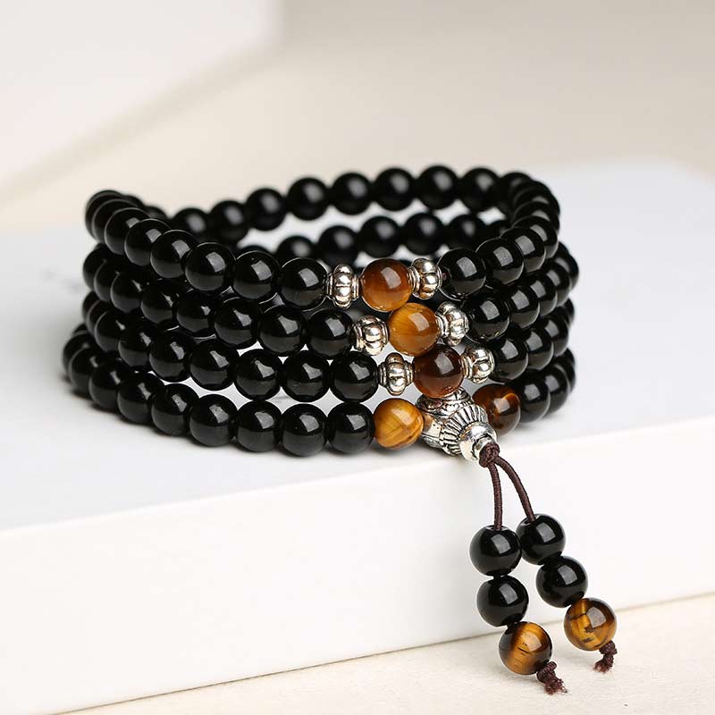 ShaoLin Black Obsidian Tiger Eye Blessing Mala Bracelet | 108 Bead Meditation Mala