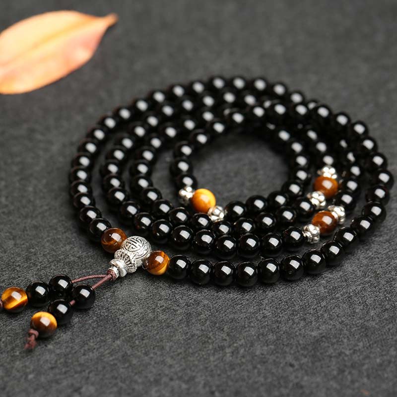ShaoLin Black Obsidian Tiger Eye Blessing Mala Bracelet | 108 Bead Meditation Mala