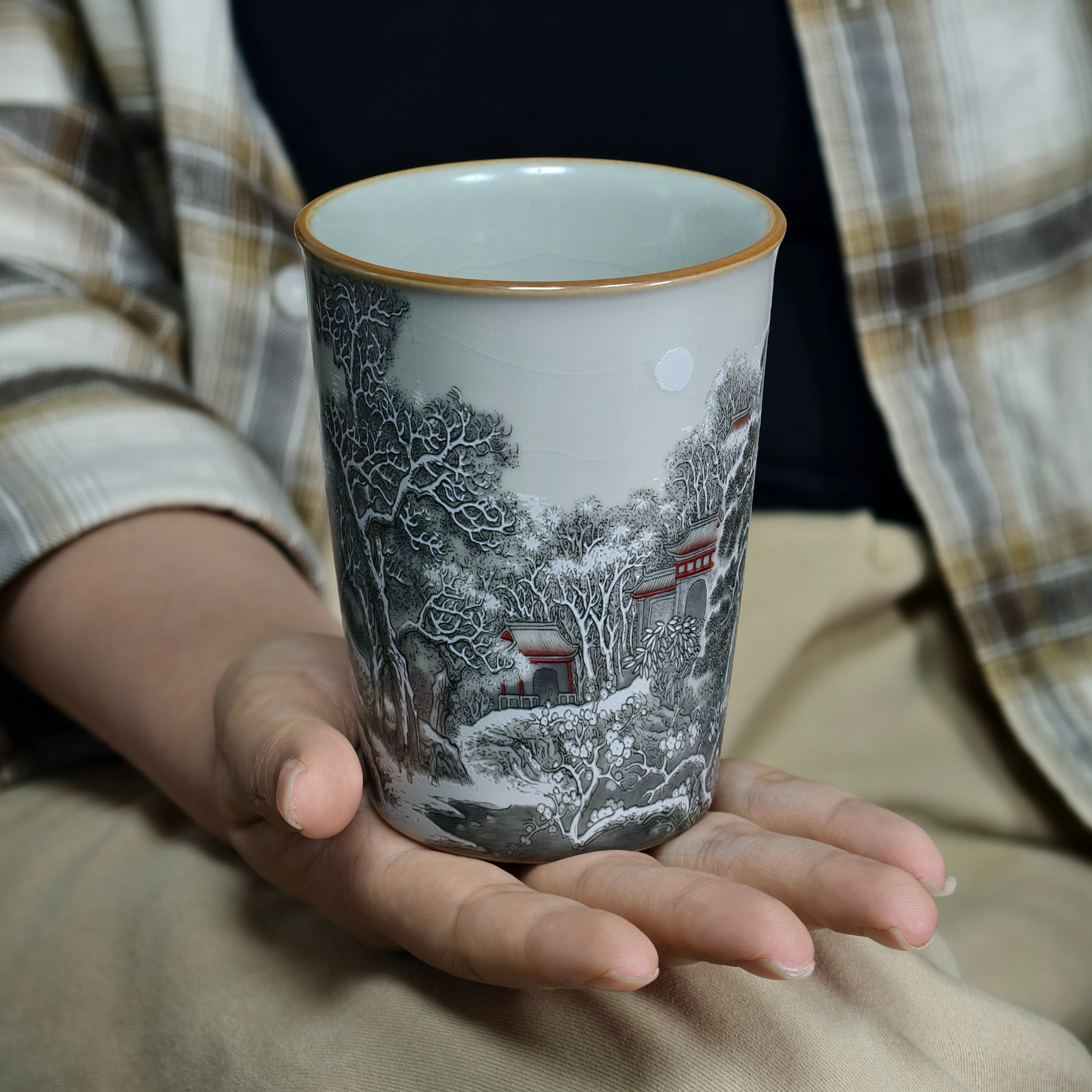 Winter Solitude Ru Ware Relief Cup – Mountain & River Landscape