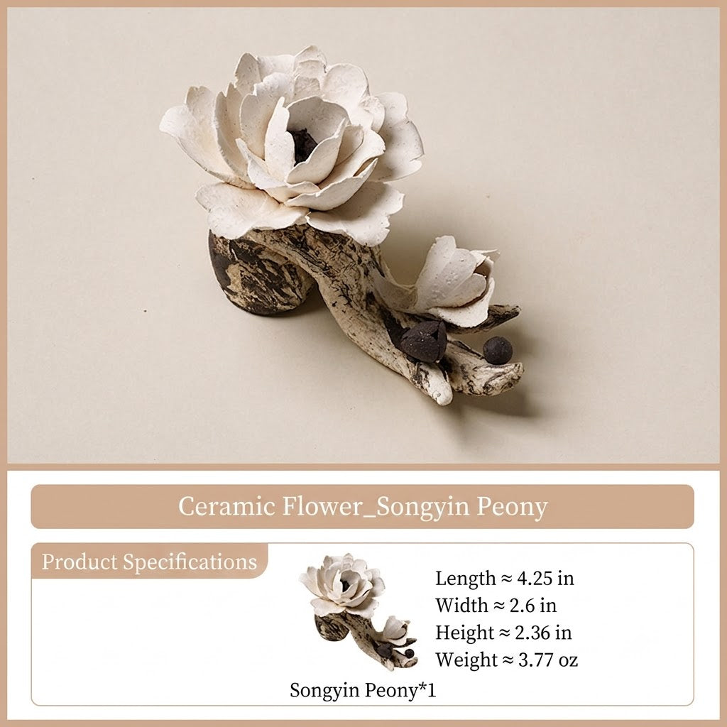 Ceramic Peony Incense Holder — Handmade Floral Sculpture for Desk & Home Decor