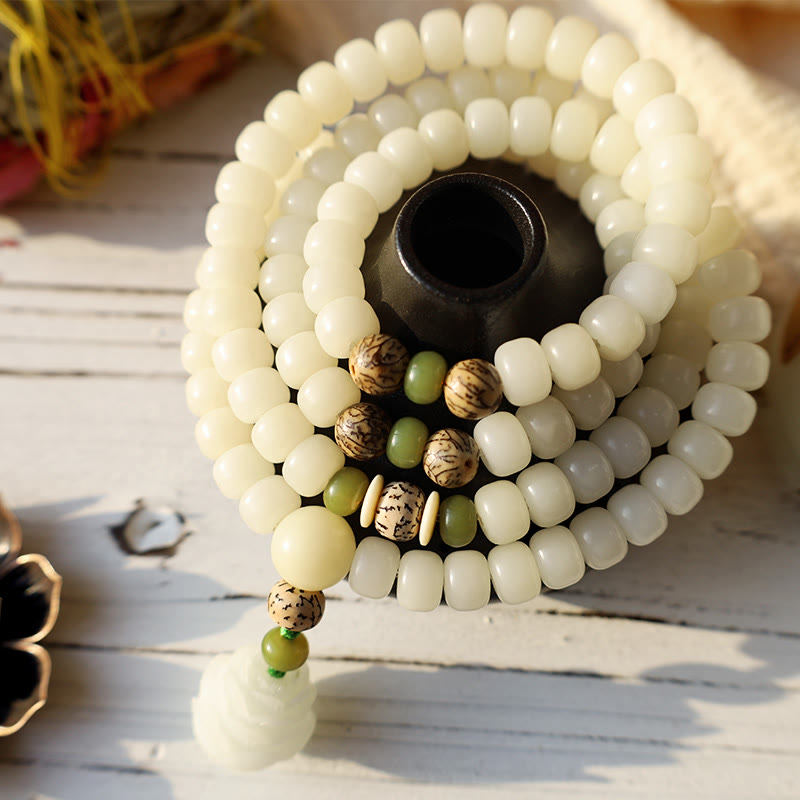 Rest Nest White Jade Bodhi Lotus Mala Harmony Necklace Bracelet