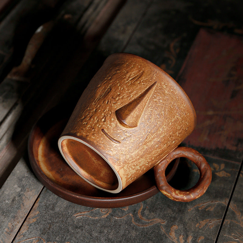 Artisan Hand-Sculpted Smiling Face Ceramic Mug – Rustic Wabi-Sabi Coffee & Breakfast Cup