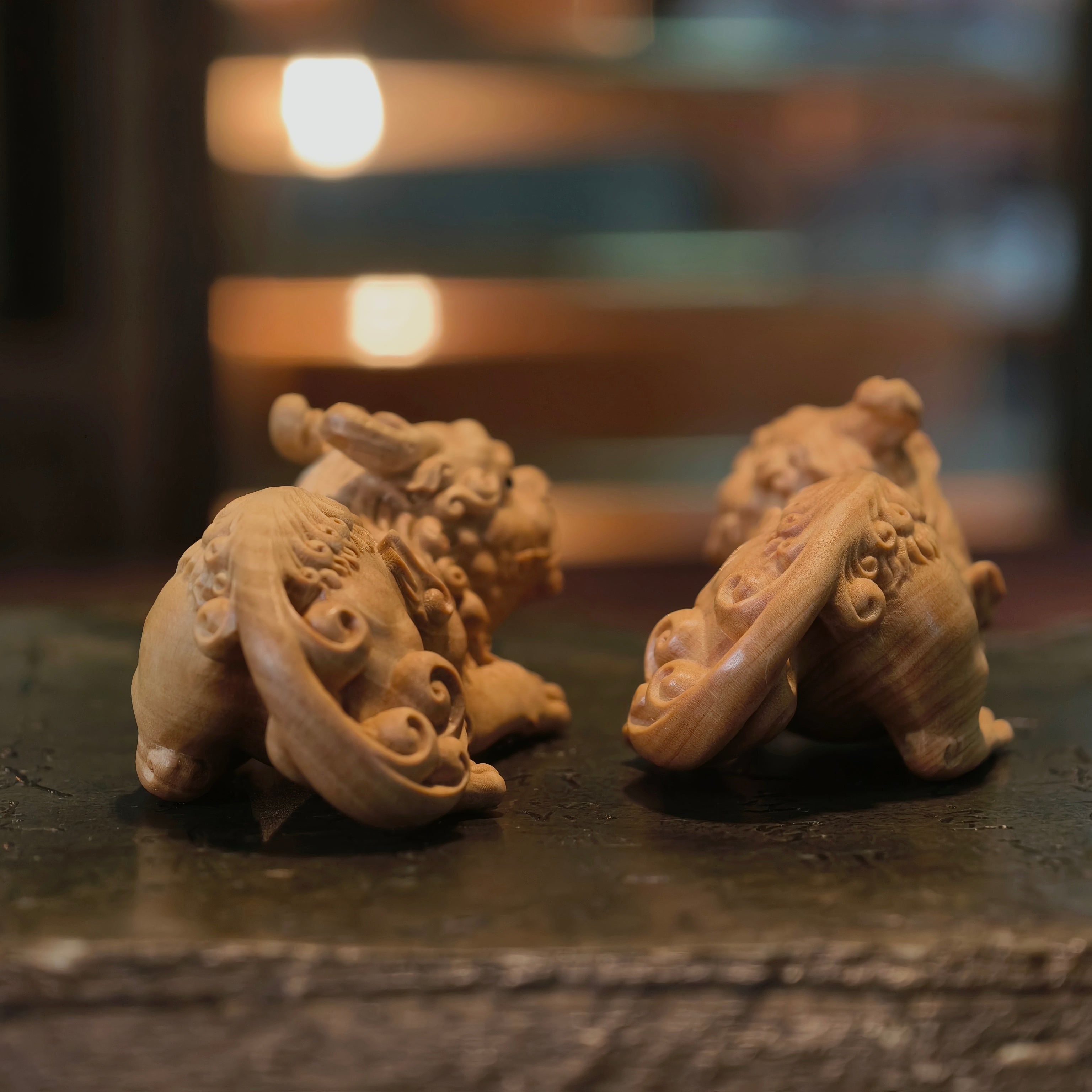 Boxwood Pixiu Pair – Hand-Carved Male & Female Wealth Guardians