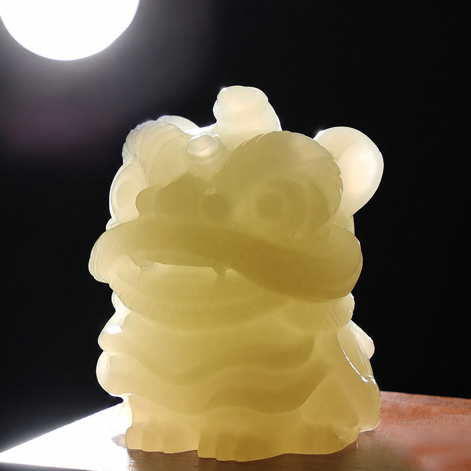 Natural Jade Awakening Lion Ornament – Hand-Carved Feng Shui Guardian