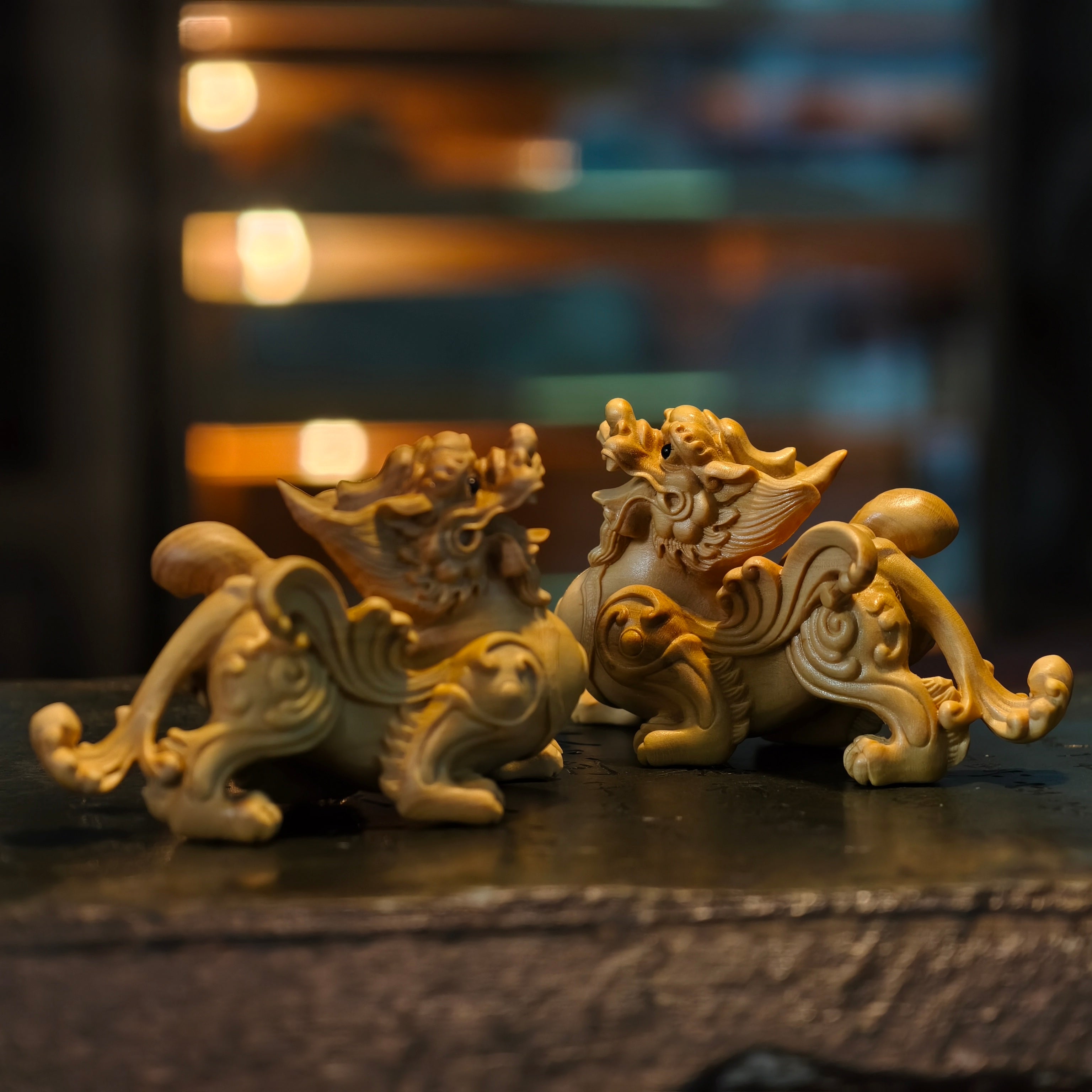Winged Boxwood Pixiu Pair – Intricately Hand-Carved Guardians