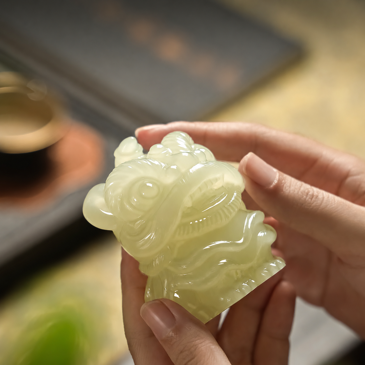 Natural Jade Awakening Lion Ornament – Hand-Carved Feng Shui Guardian