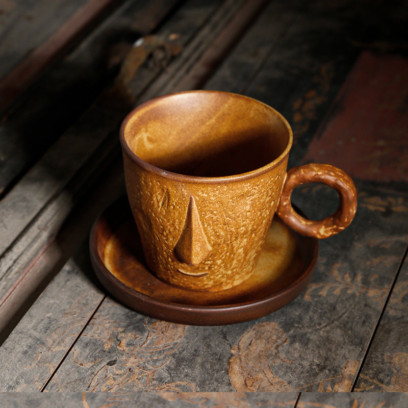 Artisan Hand-Sculpted Smiling Face Ceramic Mug – Rustic Wabi-Sabi Coffee & Breakfast Cup