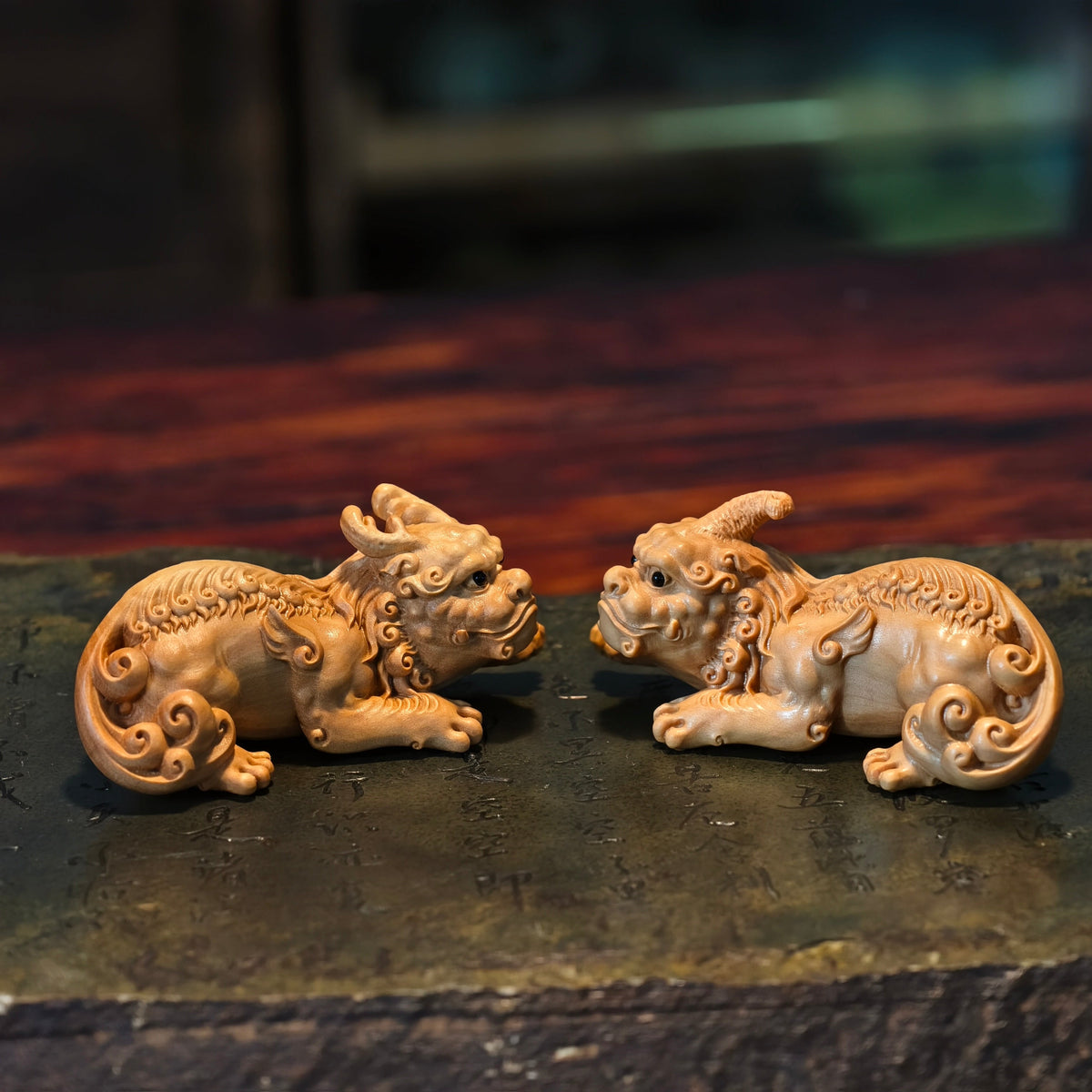 Boxwood Pixiu Pair – Hand-Carved Male & Female Wealth Guardians