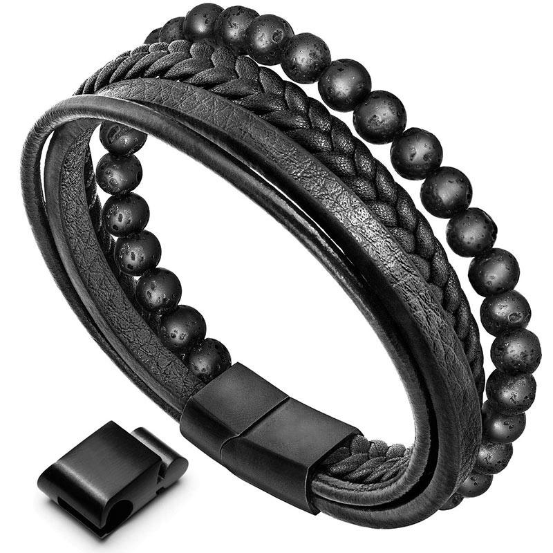 Rest Nest Natural Lava Rock Black Onyx Bead Leather Bracelet