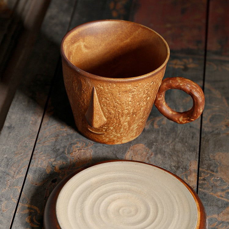 Artisan Hand-Sculpted Smiling Face Ceramic Mug – Rustic Wabi-Sabi Coffee & Breakfast Cup