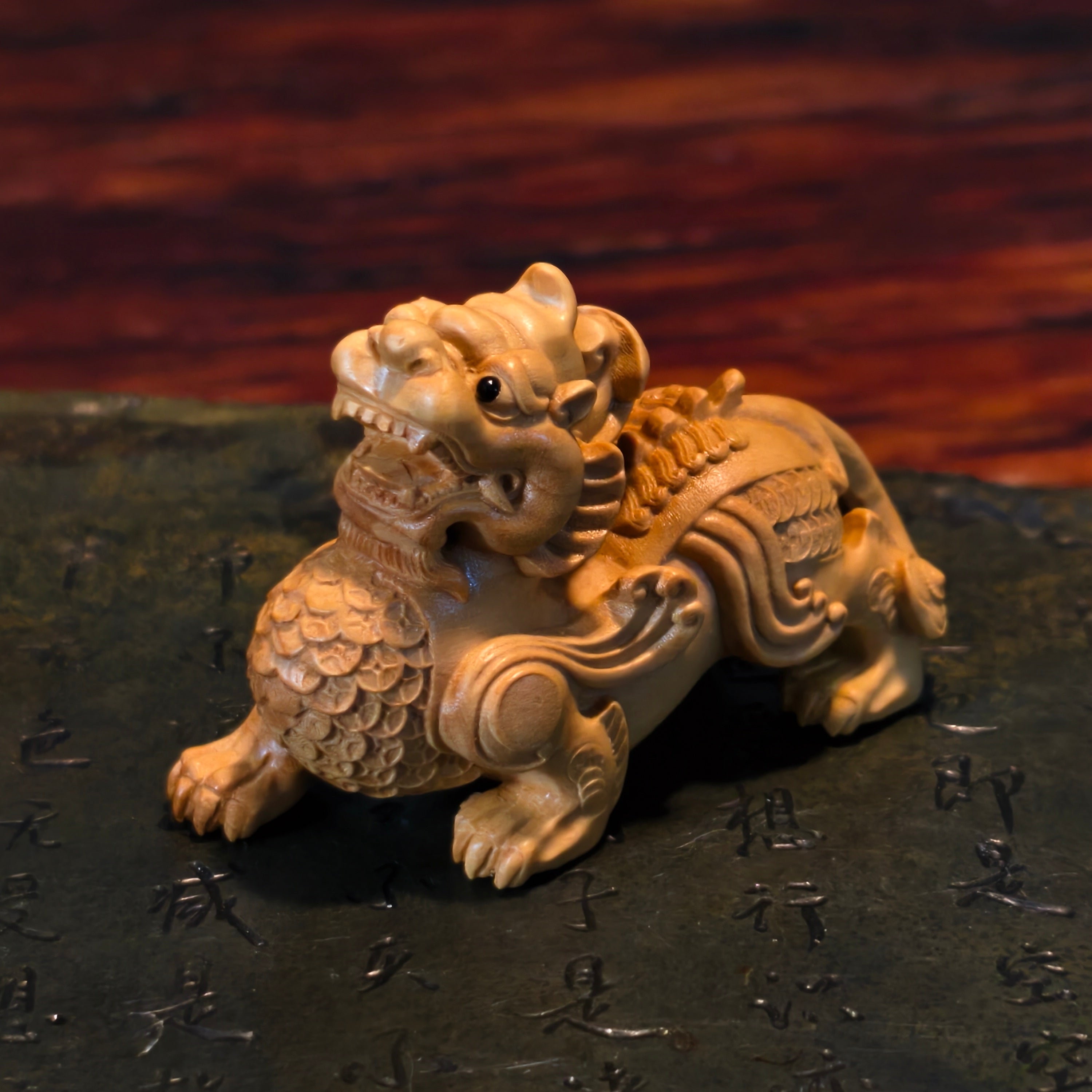 Boxwood Pixiu Statue Pair – Hand-Carved Coin Wealth Guardians