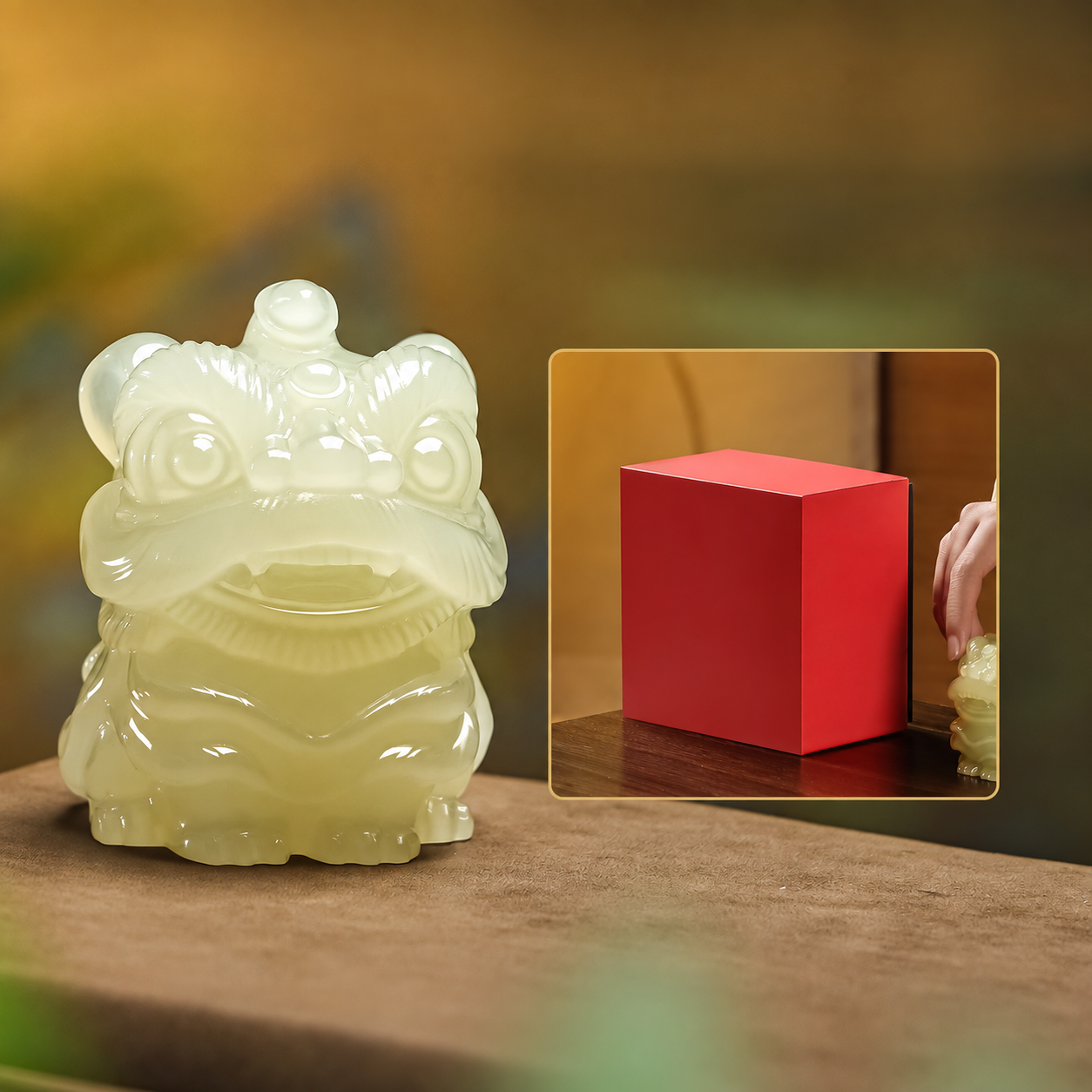 Natural Jade Awakening Lion Ornament – Hand-Carved Feng Shui Guardian