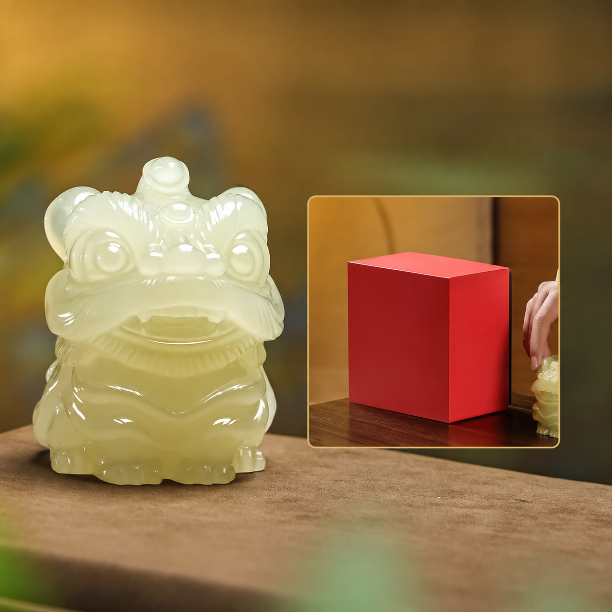 Natural Jade Awakening Lion Ornament – Hand-Carved Feng Shui Guardian