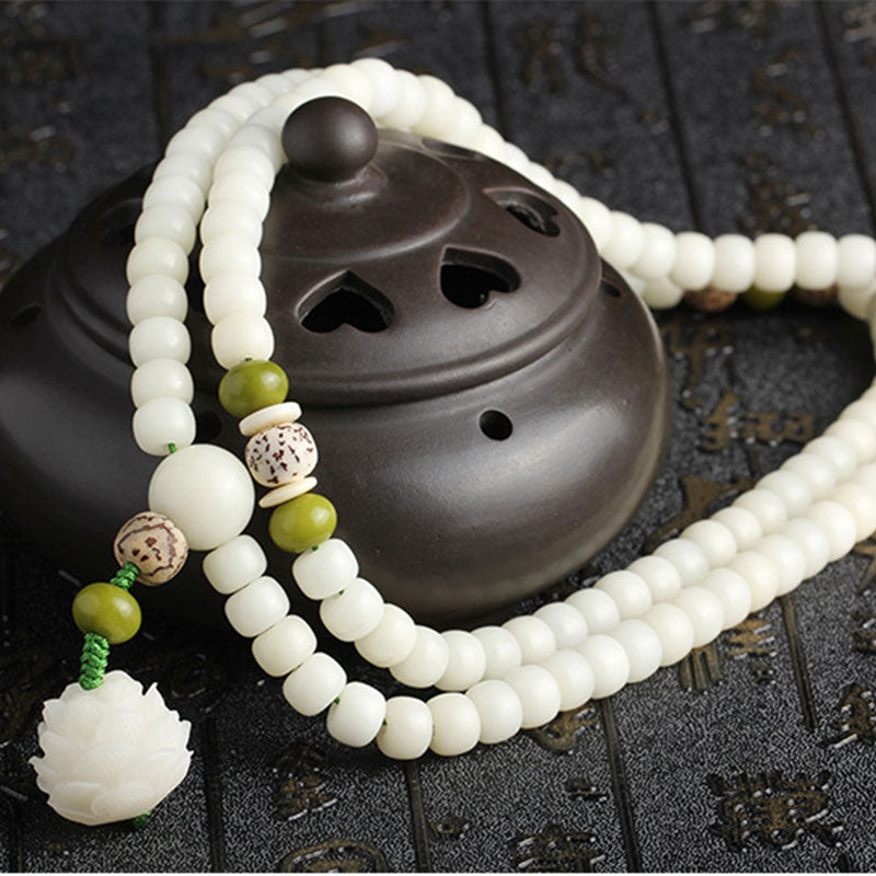 Rest Nest White Jade Bodhi Lotus Mala Harmony Necklace Bracelet