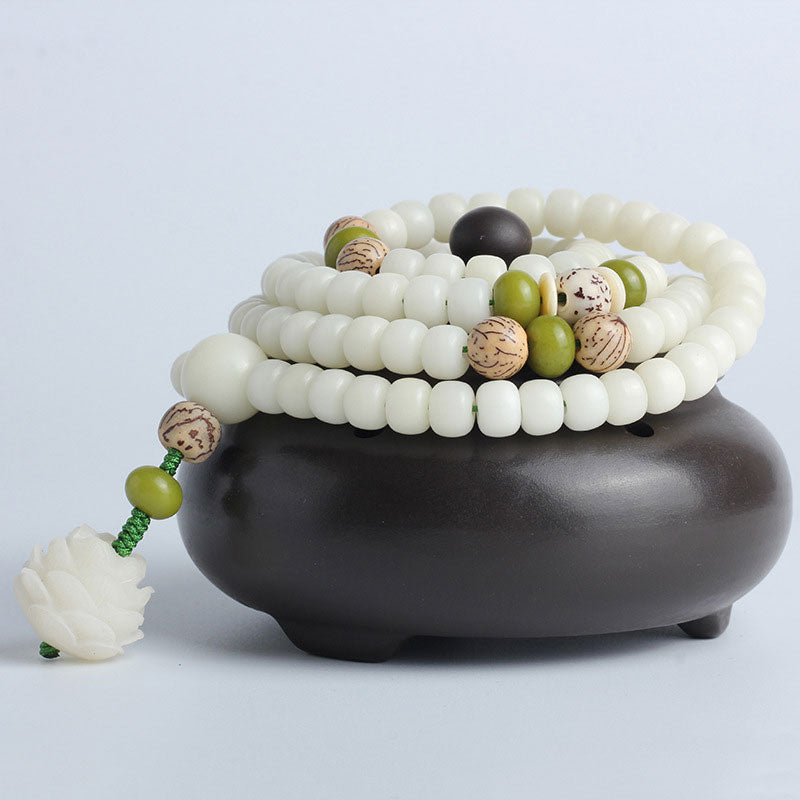 Rest Nest White Jade Bodhi Lotus Mala Harmony Necklace Bracelet