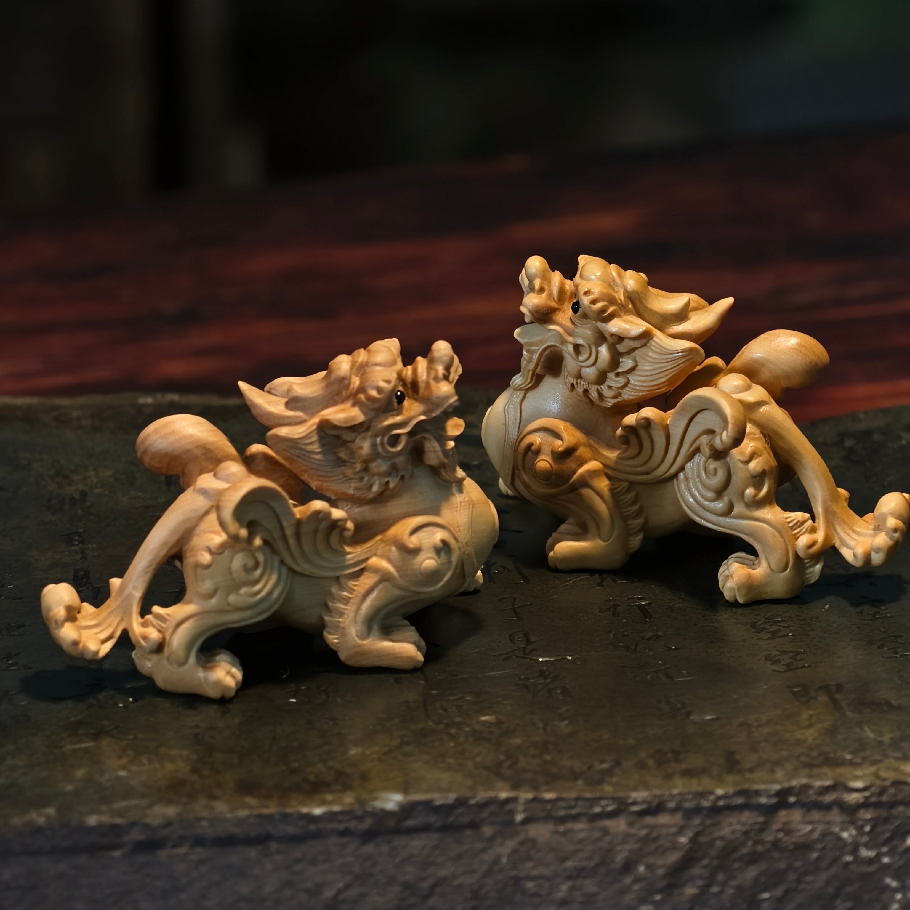 Winged Boxwood Pixiu Pair – Intricately Hand-Carved Guardians