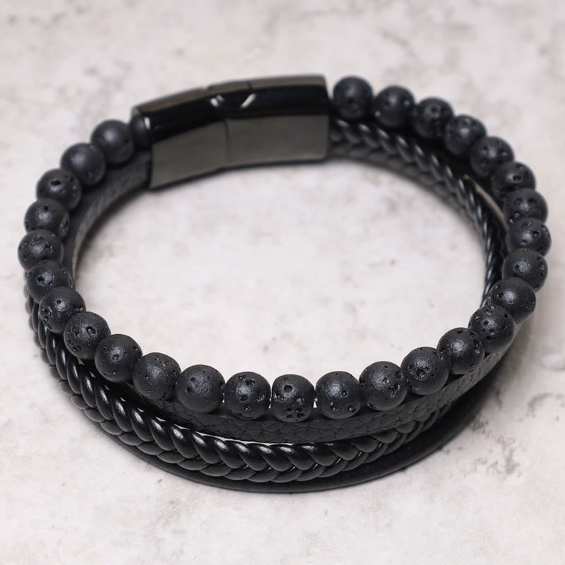 Rest Nest Natural Lava Rock Black Onyx Bead Leather Bracelet