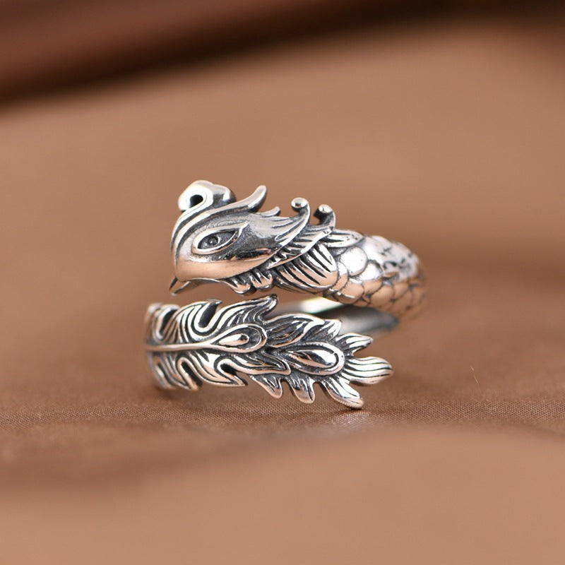 S925 Sterling Silver Dragon & Phoenix Couple Rings – Adjustable Vintage Symbolic Jewelry