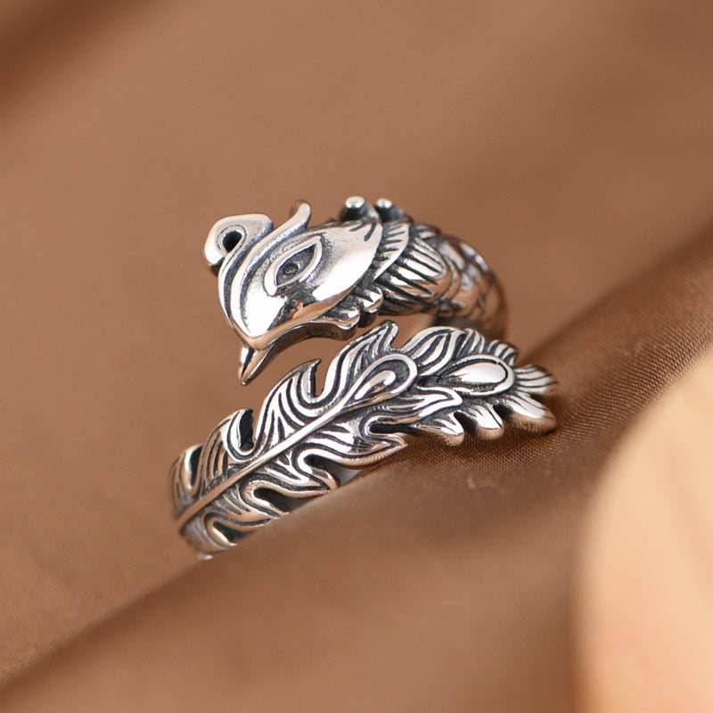 S925 Sterling Silver Dragon & Phoenix Couple Rings – Adjustable Vintage Symbolic Jewelry