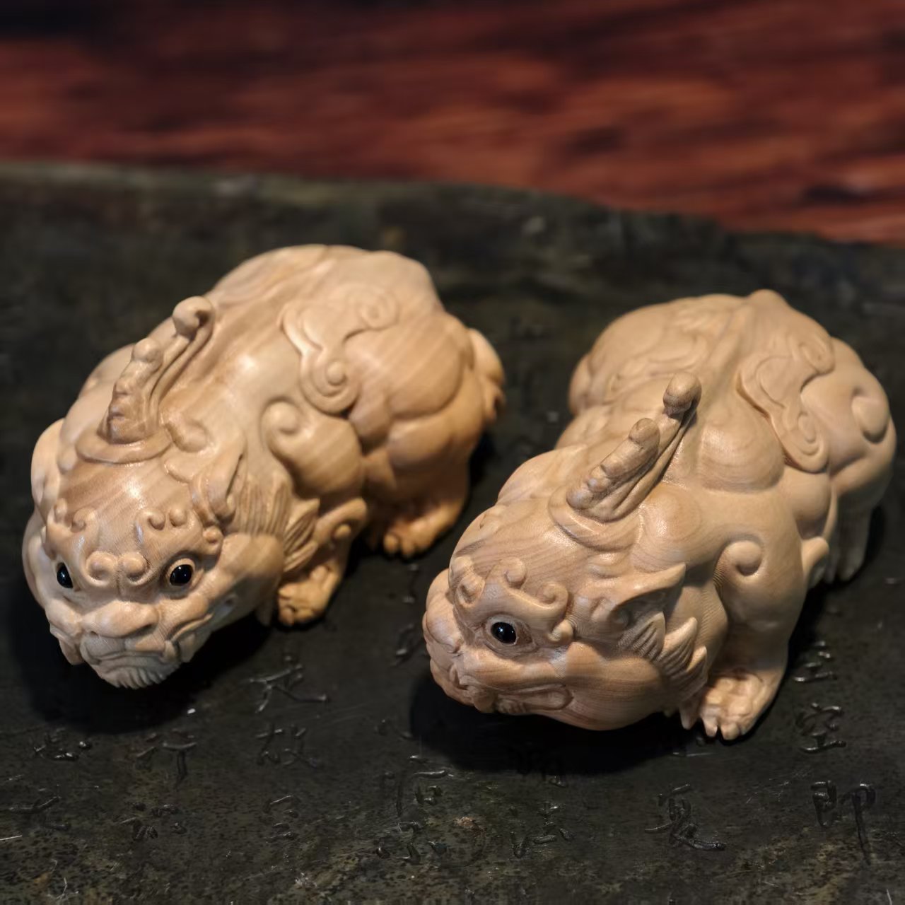 Boxwood Pixiu Pair – Hand-Carved Crouching Wealth Guardians
