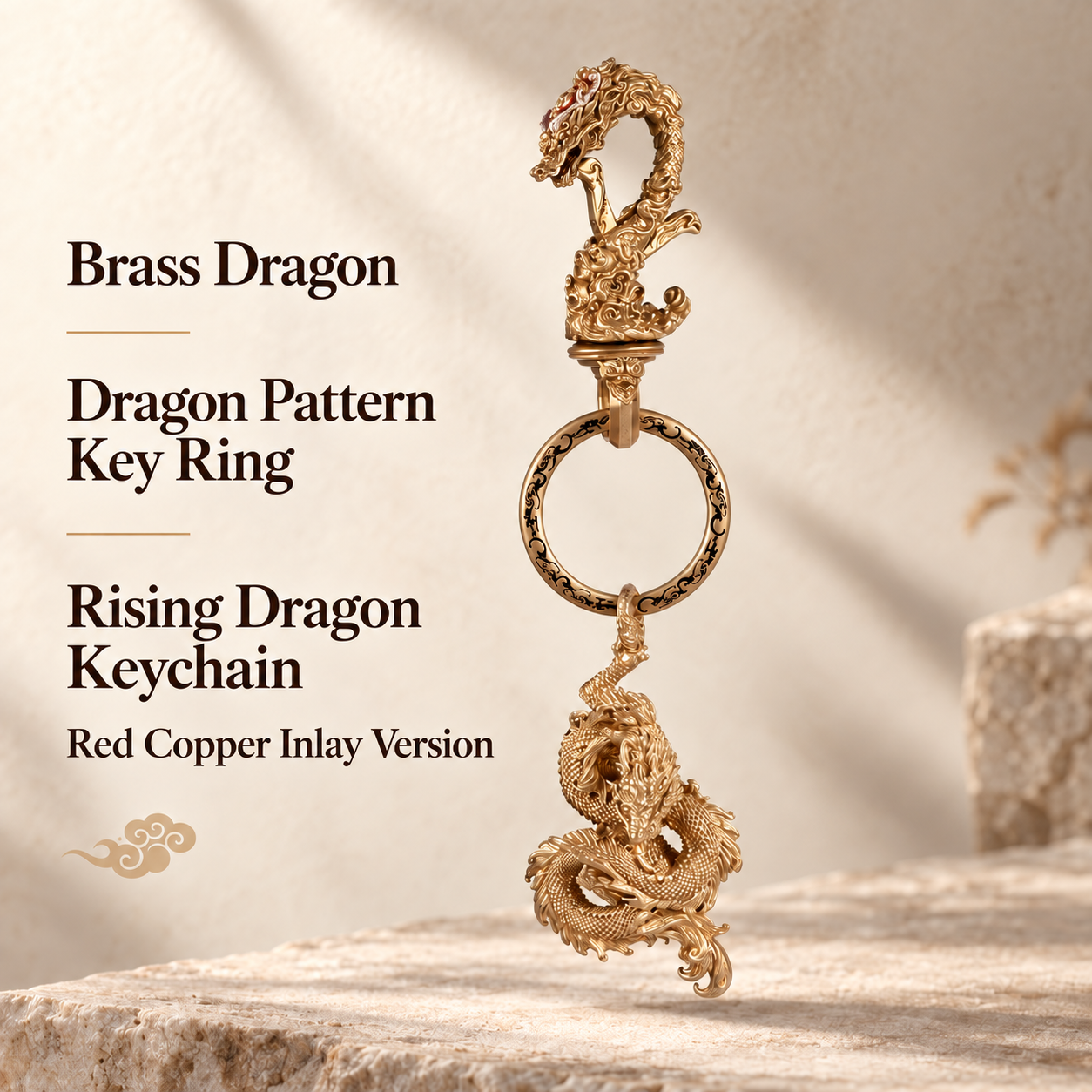 Brass Dragon Keychain – Hand-Carved Copper or Silver Inlay Charm