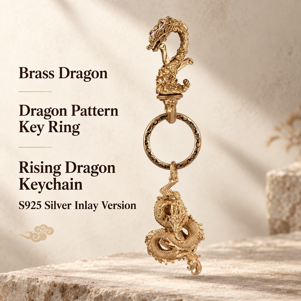 Brass Dragon Keychain – Hand-Carved Copper or Silver Inlay Charm